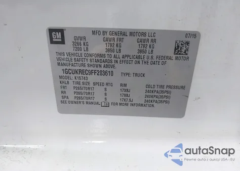 2015 Chevrolet Silverado 1500 1Lt from USA, damaged, VIN 1GCUKREC9FF203610